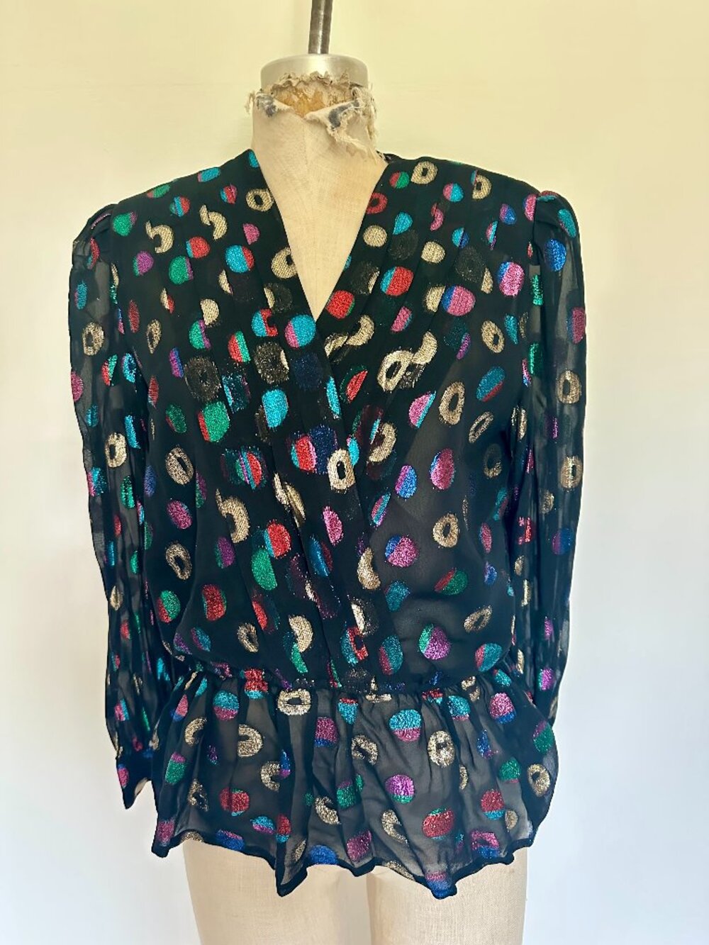 Vintage 80s Metallic Blouse Disco Top Shoulder Pads Peplum Waist Polka Dot Party
